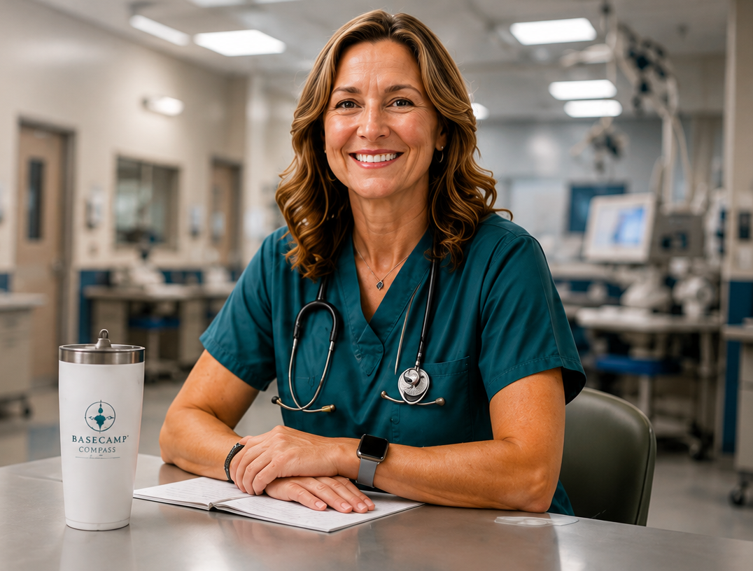 A smiling doctor in teal scrubs. | Basecamp Compass, LLC (meet the founder)