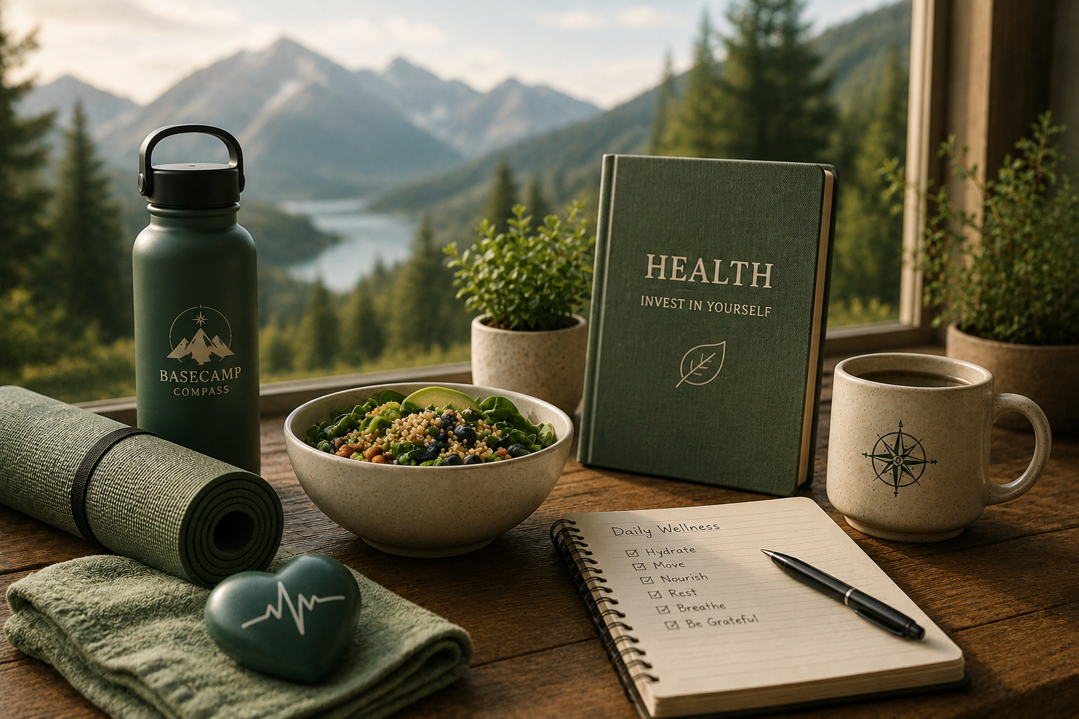 Wellness items with mountain view | Basecamp Compass, LLC (Basecamp Compass)