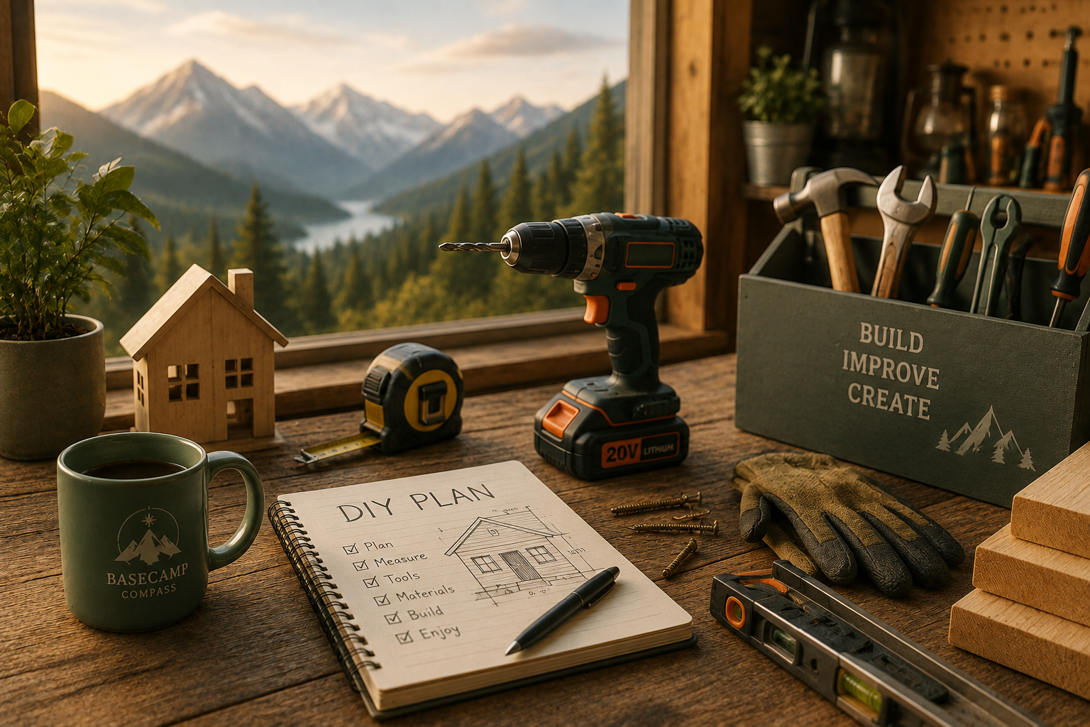 DIY plan layout on wooden desk | Basecamp Compass, LLC (Basecamp Compass)