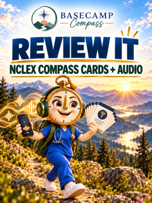 Navi holding NCLEX Compass Cards while listening to the matching audio companion on a mountain trail.