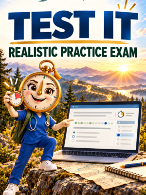 Navi beside a laptop and stopwatch for a realistic NCLEX practice exam.