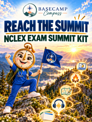 Navi reaching the NCLEX Exam Summit after completing cards, audio, Retrieval Maps, Campfire Challenges, and a practice exam.