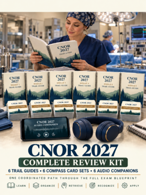 CNOR 2027 Complete Review Kit — nurse in OR holding study guide with six module guides and cards lined up and phone with audio player